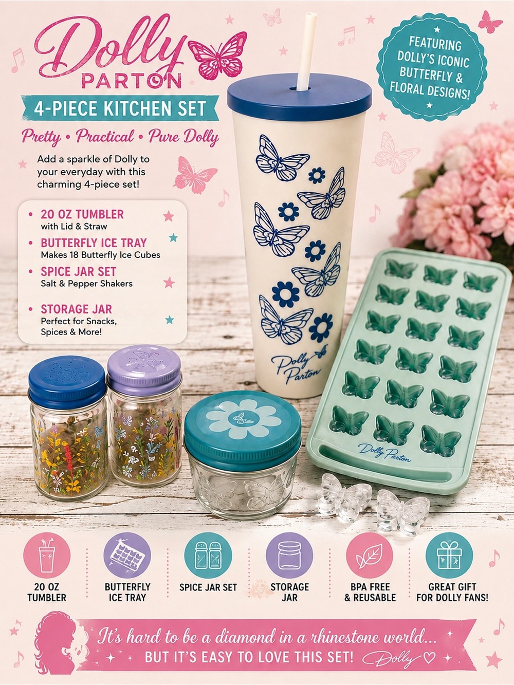 Dolly Parton 4-Piece Kitchen Set - Blue & Teal new